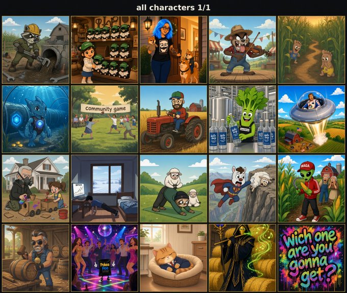 A 4x5 grid titled 'all characters 1/1' showing 20 colorful NFT-style illustrations featuring various cartoon characters in scenarios including farming, music, gaming, and Halloween themes.