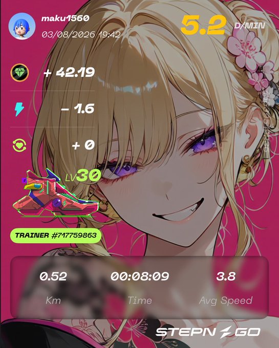 A STEPN GO running app screenshot showing workout stats of 0.52 km in 8:09 minutes with an anime character background.