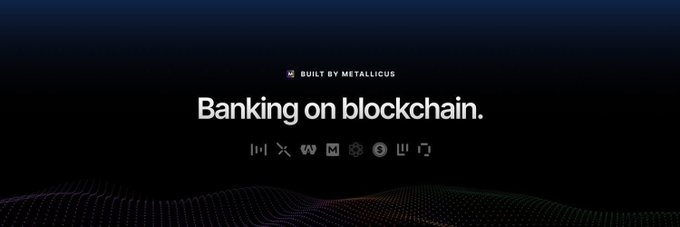 The image is a sleek promotional graphic featuring the headline "Banking on blockchain" with the tagline "Built by Metallicus," displayed against a dark background with a colorful dotted wave pattern at the bottom and small icons representing various crypto/blockchain tools. It visually reinforces the post's message about $METAL building a fast-moving, compliant crypto banking framework, positioning the brand as a foundational player in digital finance.