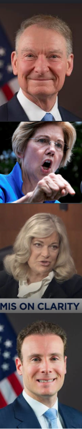 A vertical collage features four political figures: a smiling older man in a suit with an American flag, Senator Elizabeth Warren speaking emphatically, Senator Lisa Murkowski with the text "EMIS ON CLARITY" below her, and a younger smiling man in a suit, likely relating to the post's discussion of cryptocurrency regulation and the potential paths forward via Congress or SEC/CFTC rulemaking.