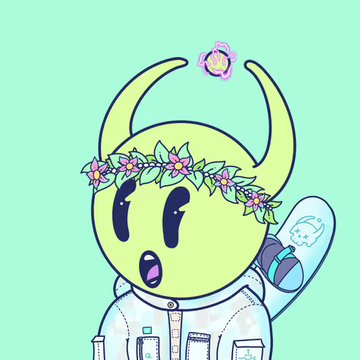 A cartoon green horned character wearing a flower crown and a white hoodie appears alongside a small glowing orb, representing a "ling" NFT from the @quirkiesnft collection being highlighted as hidden artistic gems. The post emphasizes how secondary collection pieces, like this whimsical character design, often contain exceptional artwork that deserves more attention.