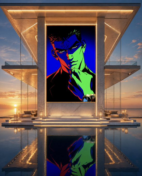 A massive neon-lit NFT artwork dominates a luxurious modern villa at sunset, reflecting in an infinity pool below. The piece features a stylized male figure with bold blue and green tones and red accents, perfectly illustrating the kind of striking digital art someone might be quietly creating behind the scenes.
