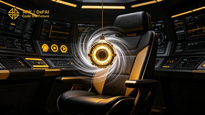 A futuristic command center features a sleek black and gold captain's chair beneath a glowing, suspended circular device, with the "ARK | DeFAI" logo and "Code the Future" tagline visible in the top left. The sci-fi control room setting, lined with illuminated panels and screens, visually reinforces the post's message about ARK users taking command of their Web3 experience through AI-powered tools.