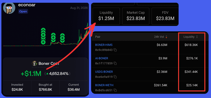 The image shows a screenshot from Econoar displaying a position on "Boner Coin" with a +$1.1M unrealized gain (+4,652.84%) on an investment of $24.8K, alongside a DEX liquidity table showing just $1.25M total market liquidity split across four Boner-related trading pairs (BONER-HIMS, AI-BONER, USDG-BONER, BONER-WETH). A red arrow connects the $1.25M liquidity figure to the position card, visually reinforcing the post's argument that the supposed $1.1M paper profit is nearly equal to the entire liquidity pool, meaning a sell-off would collapse the charts.