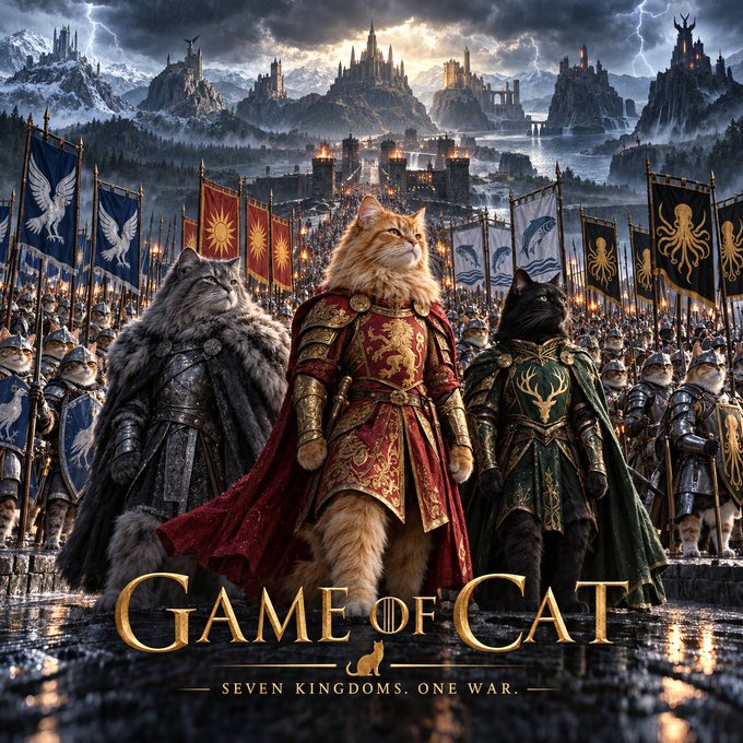 AI-generated parody poster titled 'GAME OF CAT - SEVEN KINGDOMS. ONE WAR.' depicting three armored cats leading a fantasy army of cat soldiers with banners, set against a dramatic castle landscape.