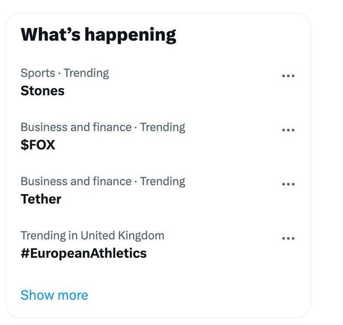 A Twitter/X 'What's happening' sidebar showing trending topics: Sports - 'Stones', Business and finance - '$FOX' and 'Tether', and 'Trending in United Kingdom' - '#EuropeanAthletics'.