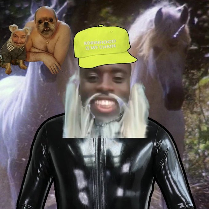 The image features a black person in a shiny black outfit with an oversized dog face wearing a yellow bucket hat that reads "ROBINHOOD IS MY CHAIN," alongside a smaller figure with a human face and another dog face in the background, with white horses behind them. The surreal, meme-style composition ties into the post's upbeat, celebratory "gm winners" message, symbolizing the community's lighthearted enthusiasm for the new trading week and the potential profits ("new bags") ahead.