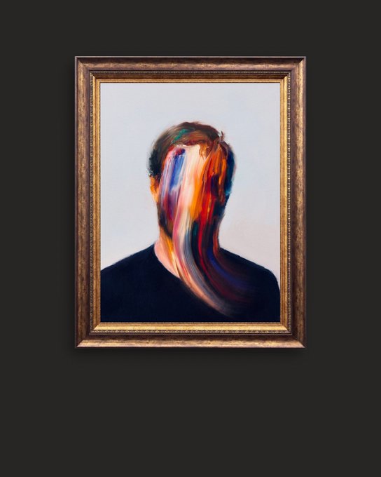 An ornate gold-framed portrait painting of a man in a dark sweater with swirling, multicolored brushstrokes obscuring his face, set against a black background.