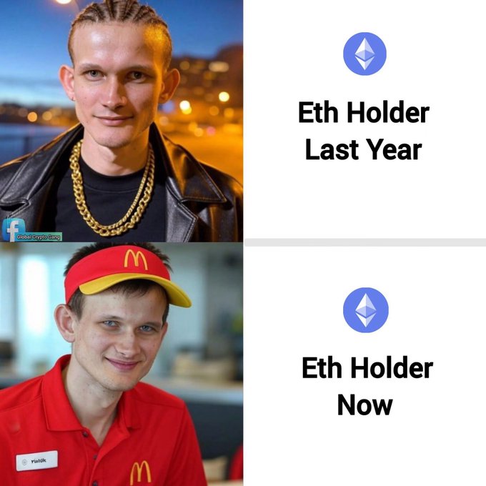 A two-panel meme comparing 'Eth Holder Last Year' (a man with gold chains and braided hair) to 'Eth Holder Now' (the same man working at McDonald's) alongside the Ethereum logo.
