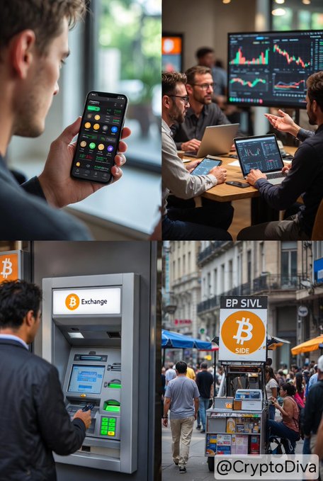 A four-panel collage showing cryptocurrency trading scenes including a person using a trading app on a phone, traders analyzing charts, a Bitcoin ATM, and a street Bitcoin vending cart (@CryptoDiva).