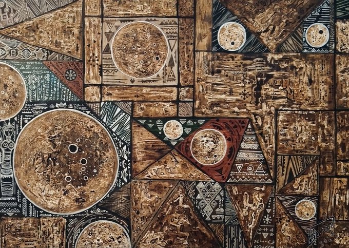 A textured abstract artwork featuring geometric shapes like triangles and circles that resemble moon surfaces, combined with tribal patterns and earthy brown tones.