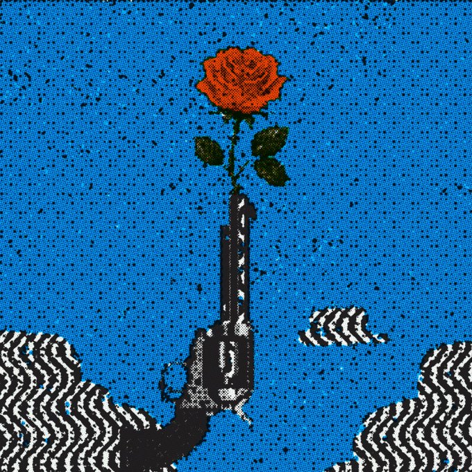 A pixelated/retro-style artwork depicts a hand holding a revolver pointed upward with a red rose blooming from the barrel against a blue sky with black and white striped clouds.