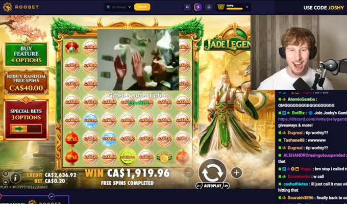 A livestream of a 'Jade Legend' slot game showing a win of CA$1,919.96, with the streamer visible in the corner and a live chat on the right.