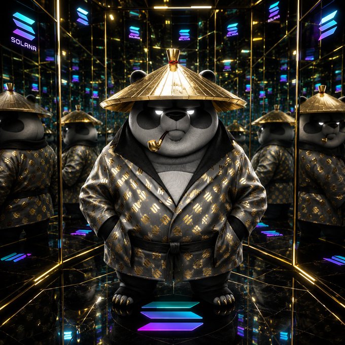 The image features a stylish panda wearing a golden Asian conical hat and a black-and-gold patterned robe, smoking a pipe, with "SOLANA" logos visible in the mirror-surrounded cyberpunk room. The post's "GM AND NAMASTE" message blends crypto culture with Eastern spiritual greeting, mirroring the fusion of the Solana blockchain branding with traditional Eastern aesthetics in the image—suggesting new possibilities and opportunities in both life and the crypto space.