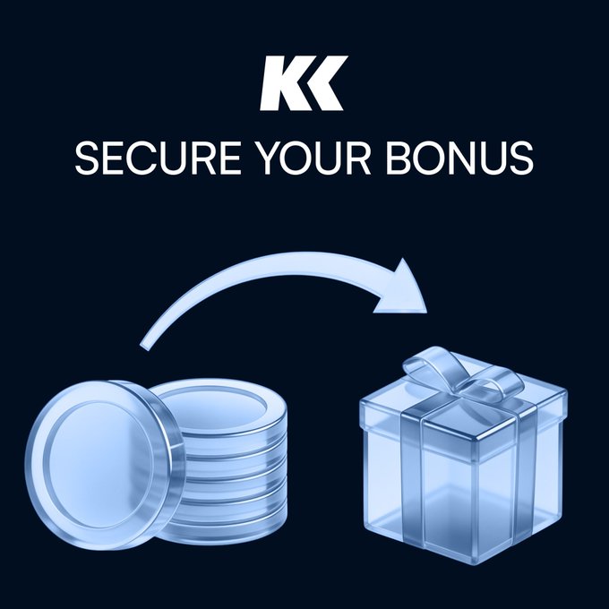 The graphic displays the KK logo above the text "SECURE YOUR BONUS," with a visual showing coins being converted into a gift box, symbolizing the prize rewards from KriptoK Global's new KriptoK League perps trading competition, where participants can earn bonuses like the $2K top-5 split and the $26K in total Season 1 prizes mentioned in the post.