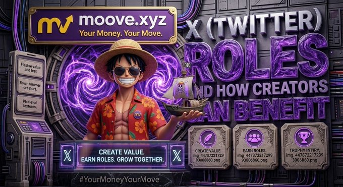 The image features a cartoon character dressed in a red shirt, wearing sunglasses and holding a boat. The text above the image reads "I love how @moovexyz rewards people for what they actually do. You do not need thousands of followers or to be a big influencer to get noticed. What is important is making helpful posts that teach people about the system."