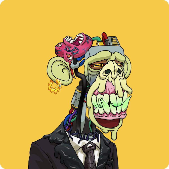 A cartoon illustration of a grotesque, monstrous figure wearing a business suit and tie, featuring a skull-like face with large teeth and a pink creature attached to its head, set against a yellow background.