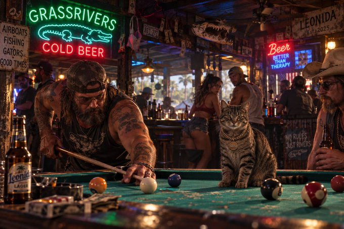 A dimly lit, rustic bar scene where a tattooed man plays pool next to a tabby cat wearing a chain necklace, under neon signs for 'GRASSRIVERS COLD BEER' and 'Beer'.