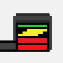 A small pixel art image depicting a black structure or container with a green bar on top and red bars at the bottom against a white background.