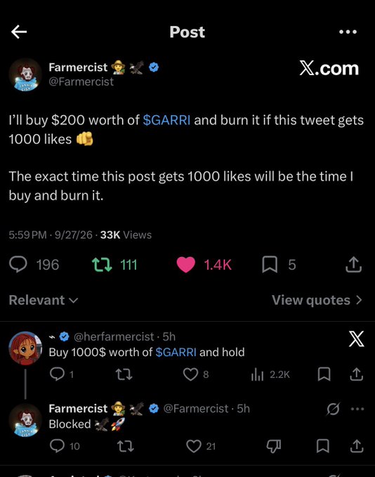 The image shows a tweet from "Farmercist" (@Farmercist) joking that he'll buy $200 worth of $GARRI and burn it if the tweet gets 1000 likes, with an attached quote tweet chain where another user suggests buying $1000 of $GARRI and holding, only for Farmercist to respond "Blocked." The accompanying post mocks Farmercist for blocking advice to ape into $GARRI at an 11k market cap, implying he missed a 15x gain.