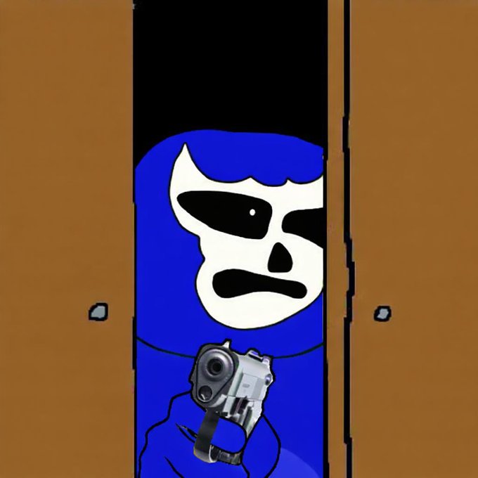 A blue cartoon character with a skull face holds a revolver while peeking through a slightly opened door, fitting the chaotic and edgy meme aesthetic of the $BLu giveaway and meme competition announcement on Base.