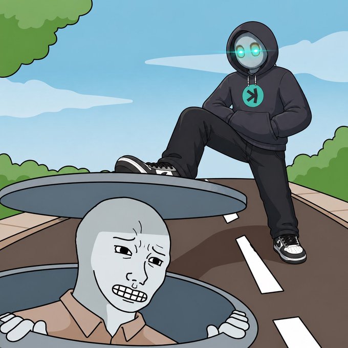 A hooded figure with glowing cyan eyes and a "K" medallion sits triumphantly atop an open manhole, looming over a distressed bald "wojak" emerging from below, with one foot resting on the manhole cover—symbolizing the poster's dominant stance against $CATE critics and celebrating their giveaway. The "K" emblem and confident pose reflect the bullish "new ATH loading" sentiment as the giveaway winner is announced.