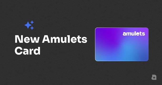 A promotional image for 'New Amulets Card' featuring a blue/purple gradient card with the 'amulets' logo on a dark background.
