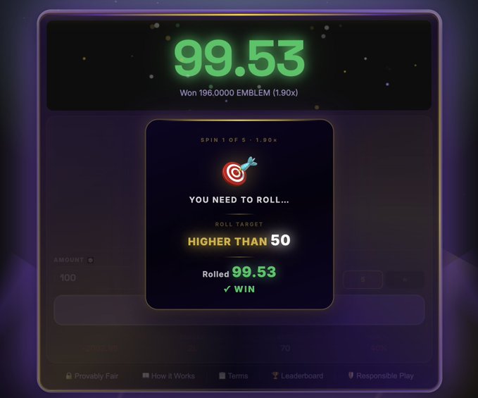 The image shows a screenshot of a video game display screen displaying the result of an emblembet game called "EmblemBet". The player has chosen higher than 50, and their roll has been successful, with a score of 99.53 points. The game appears to be designed for high-risk, high reward gameplay, offering fair play opportunities while providing a gaming experience suitable for players seeking excitement from virtual realms.