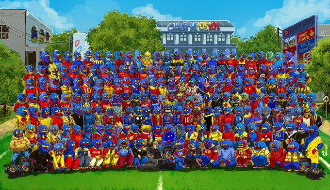 An illustration showing a large crowd of Blue and Red football fans gathered outside 'CHIEFS KINGDOM' stadium on a sunny day.