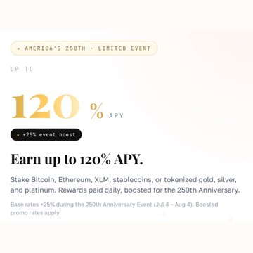 A promotional graphic for 'AMERICA'S 250TH - LIMITED EVENT' advertises 'Earn up to 120% APY' with a '+25% event boost' on staking Bitcoin, Ethereum, XLM, stablecoins, or tokenized gold, silver, and platinum.