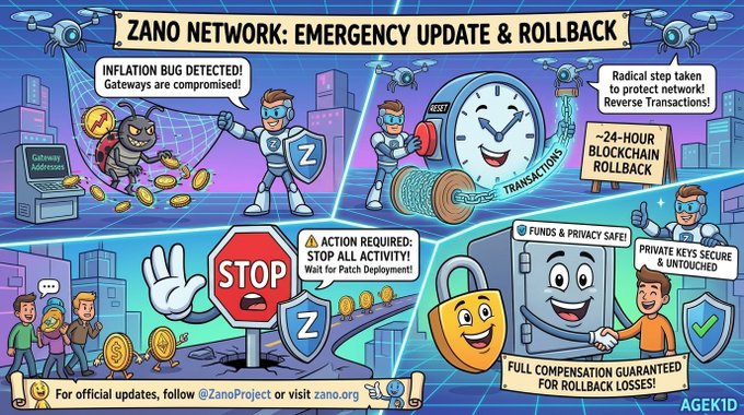 A colorful comic-style infographic titled 'ZANO NETWORK: EMERGENCY UPDATE & ROLLBACK' depicting characters addressing an inflation bug, a 24-hour blockchain rollback, and reassuring that funds and privacy remain safe.
