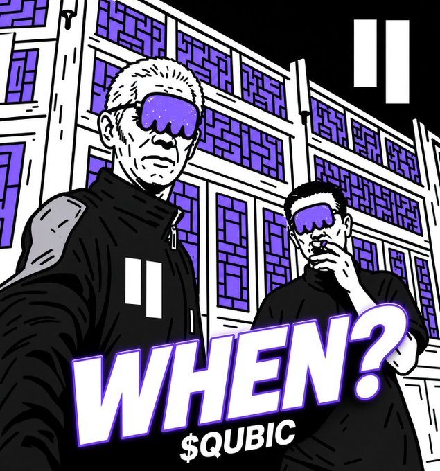 An illustration shows two men in dark clothing with purple sunglasses in front of a purple-lit building, with the text 'WHEN?' and '$QUbic' at the bottom.