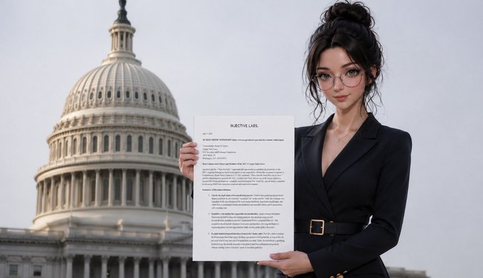 A young woman with dark hair in a bun, wearing glasses and a black blazer, stands in front of the U.S. Capitol building while holding up a document titled "INJECTIVE LABS" addressed to the SEC Crypto Task Force. The image visually reinforces the post's claim about Injective Labs proactively engaging with U.S. regulators on crypto policy recommendations.