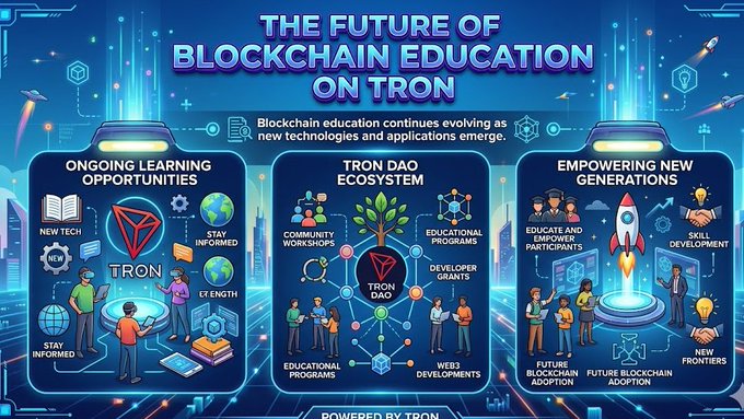 The image depicts a vibrant, eye-catching graphic poster showcasing an interactive educational system focused on Blockchain Education. The design showcases three distinct sections or "trees" representing different aspects of Blockchain education, with each section containing various icons symbolizing related concepts such as the new opportunities emerging from TRON DAO's ecosystem, ongoing learning through new technologies and applications, and evolving methods for staying informed about developments in Web3. A small illustration of a group of people standing together suggests community interaction within this educational system. The text at the bottom of the poster indicates that it is promoting the future of Blockchain education on TRON.