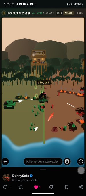 A mobile screenshot of a webpage showing a 2D mobile game, "bulls-vs-bears.pages.dev," featuring tank battles with a score of $78,169, posted by user DannySats.