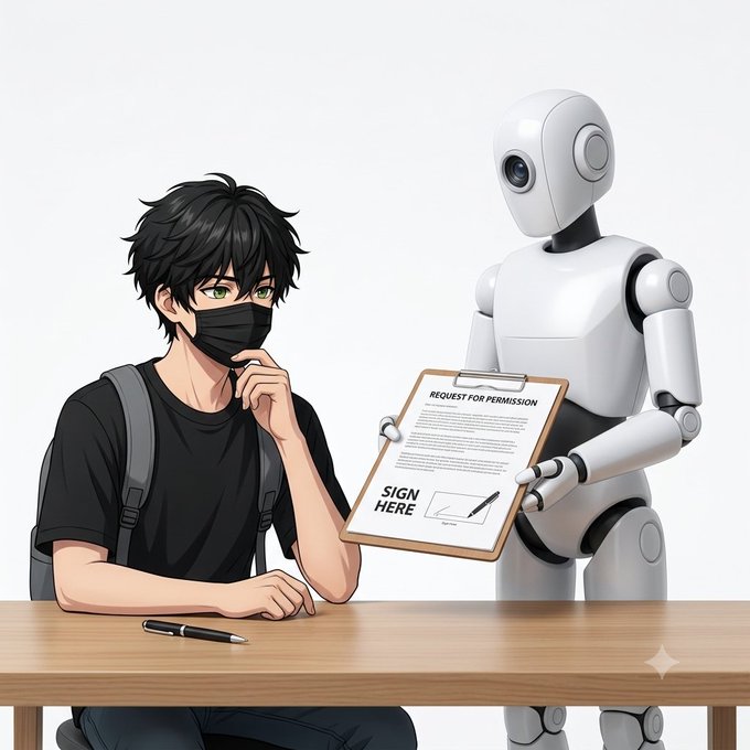 An anime-style illustration of a young man wearing a black mask sitting at a wooden table, with a white humanoid robot holding a clipboard that reads "REQUEST FOR PERMISSION" and "SIGN HERE."