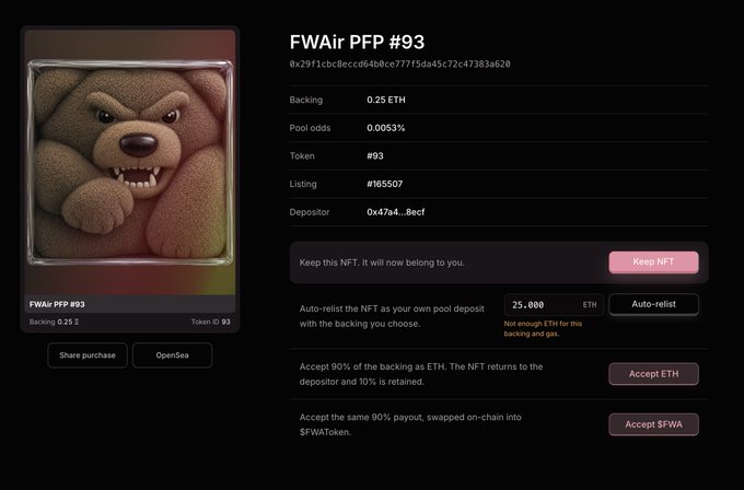 An NFT marketplace interface displaying 'FWAi PFP #93', a 3D rendered bear artwork, with options to Keep NFT, Auto-relist (25,000 ETH), Accept ETH, or Accept $FWA.