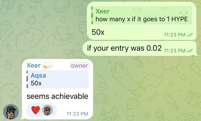 A Telegram chat shows Xeer announcing that 50x is needed to reach 1 HYPE from a 0.02 entry, with the reply "seems achievable." The image captures the moment the 50x goal was achieved on HypeTerminals.