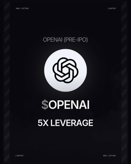 A dark promotional graphic announces a new "$OPENAI (PRE-IPO)" listing on Lighter, featuring the OpenAI logo and highlighting "5X LEVERAGE" trading, aligning with the post about the new RWA perpetual contract now available on the Robinhood Chain.