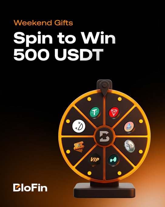 A promotional graphic for BloFin's "Weekend Gifts" event, featuring a 3D-rendered prize wheel with various cryptocurrency and reward icons (including USDT, BTC, VIP, and mystery prizes), advertising a "Spin to Win 500 USDT" giveaway that aligns with the post about the limited-time Lucky Spin ending August 24.