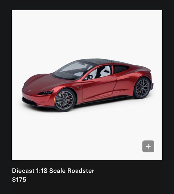 A glossy red diecast 1:18 scale Tesla Roadster model is displayed for $175, with the caption humorously contrasting an influencer's "new Roadster" purchase against the much more affordable miniature version for "the rest of us peasants."