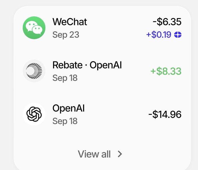A mobile banking app transaction history shows three entries: a WeChat charge of -$6.35 on Sep 23 with +$0.19 cashback, a Rebate from OpenAI of +$8.33 on Sep 18, and an OpenAI charge of -$14.96 on Sep 18, displayed above a "View all" link.

The image relates to the post as evidence supporting the claim about using foreign (US) billing address proof—rather than a Hong Kong address—to successfully open an ether.fi (E卡) account, with the OpenAI and WeChat USD transactions serving as proof of a working foreign card setup.
