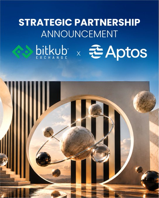 A strategic partnership announcement image featuring the Bitkub Exchange and Aptos logos, set against a stylized sky background with metallic spheres and geometric shapes, promoting the integration of native USDT on Aptos through Bitkub with educational initiatives for Thai users.