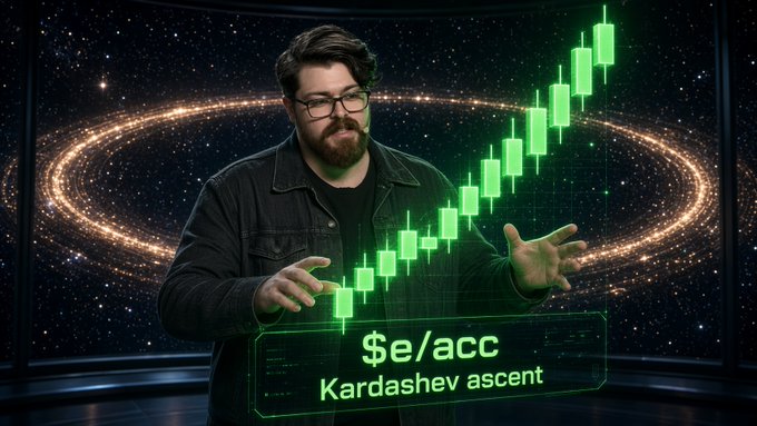 A man with glasses and a beard stands before a cosmic spiral background, gesturing toward a glowing green candlestick chart with text reading '$e/acc Kardashev ascent.'