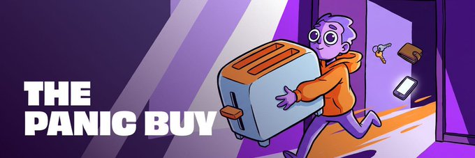 An animated illustration with the text 'THE PANIC BUY' shows a purple cartoon character running while carrying a large orange toaster and dropping a wallet, set against a purple and orange background.