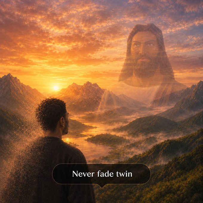 A man gazes at a radiant sunset over mountains and valleys, where a translucent image of Jesus appears in the sky above him, with the caption "Never fade twin" displayed at the bottom. The spiritual imagery reinforces the post's message of unwavering faith and a bond that will never fade.