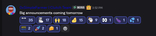 A dark-themed social media or chat screenshot from 'GxSimpleFarmer | Clutch Team' with 'BOSS' emoji and the message 'Big announcements coming tomorrow' above two rows of numbered emoji icons.