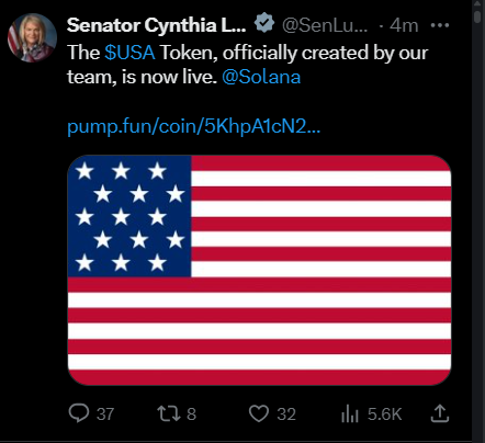 This image shows a screenshot of a hacked X (formerly Twitter) post from the official account of Senator Cynthia Lummis, announcing the "$USA Token" created by her "team" and associated with "@Solana". The post, featuring an image of the American flag, was reportedly deleted within 5 minutes.