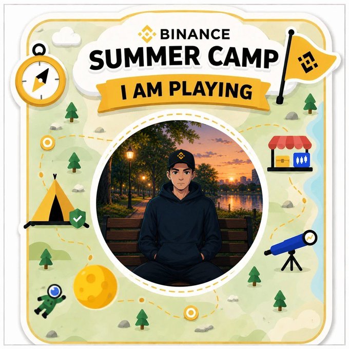 A promotional graphic for 'BINANCE SUMMER CAMP - I AM PLAYING' featuring a cartoon-style illustration with camping elements like tents, trees, and a telescope, with a circular photo of a young man wearing a black hoodie and cap in the center.