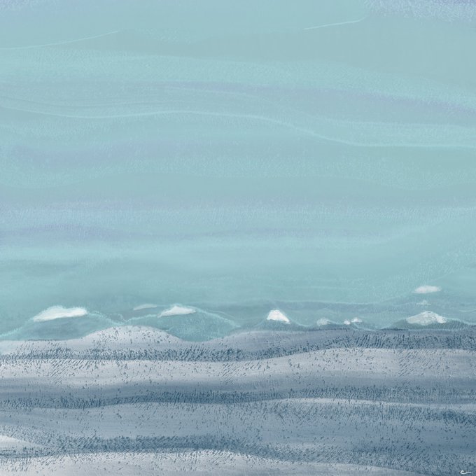 A minimalist landscape painting featuring pale blue sky above rolling snow-covered hills with white-capped mountains in the distance.